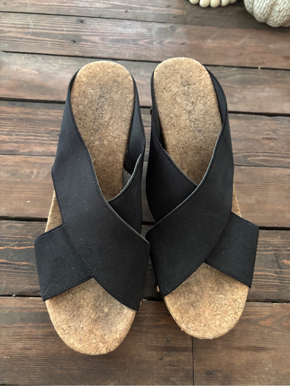 Shoe Dazzle Black Cork Cross-Strap Slide Mules